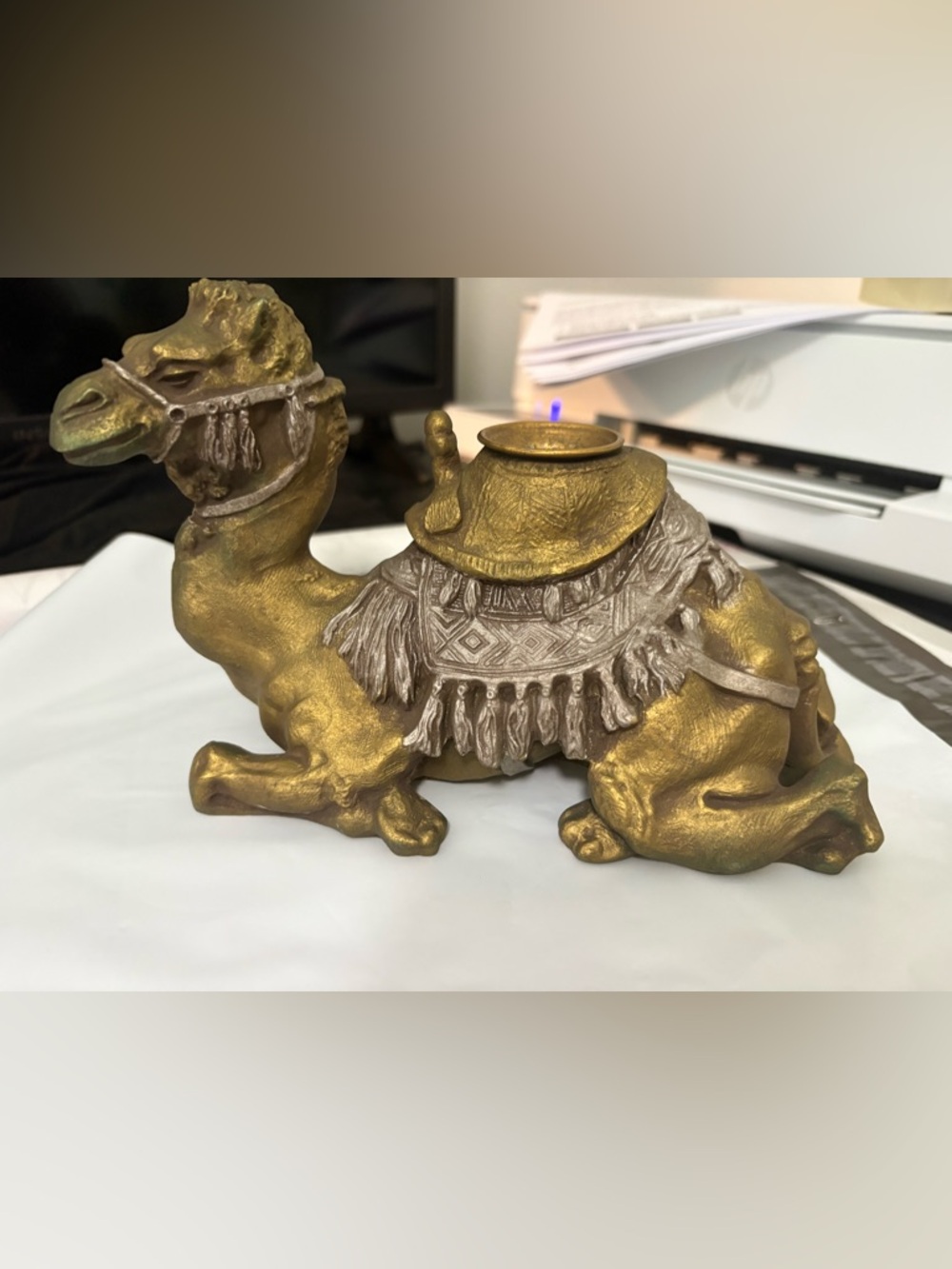 Vtg Ornate Gold tone Sitting Laying Camel Figurine Candlestick Holder